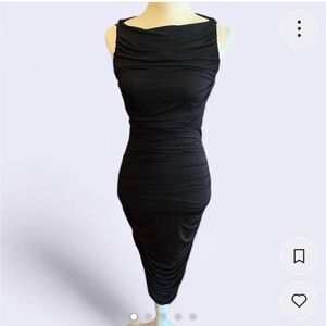 Black Bebe ruched midi dress with square buckle detail Size S